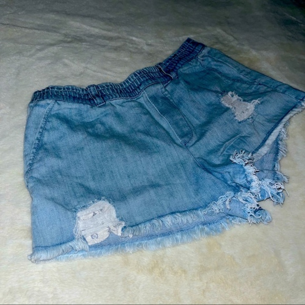 Aerie Distressed Denim Stretchy Waist Jean Shorts - Size Small